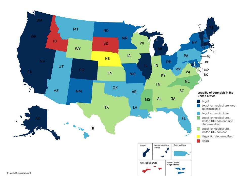 США - Легализация марихуаны по штатам США. Темно-синий полностью легализована, красный полностью запрещена.jpg